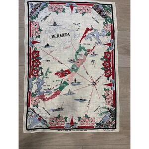 VTG Retro Bermuda Islands Scarf Tea Towel 31x22" Souvenir Irish Linen 1950s